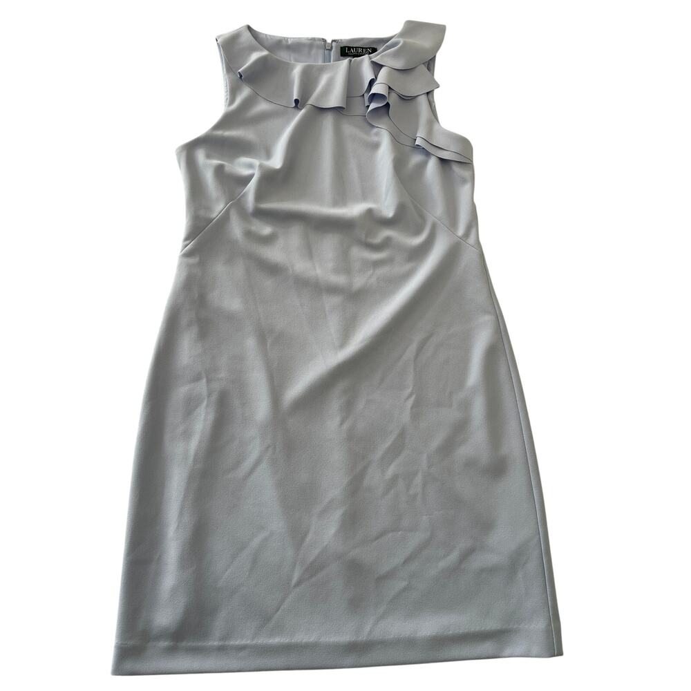 Lauren Ralph Lauren Blue Sleeveless Shift Dress Ruffle Neckline Size Women's 10